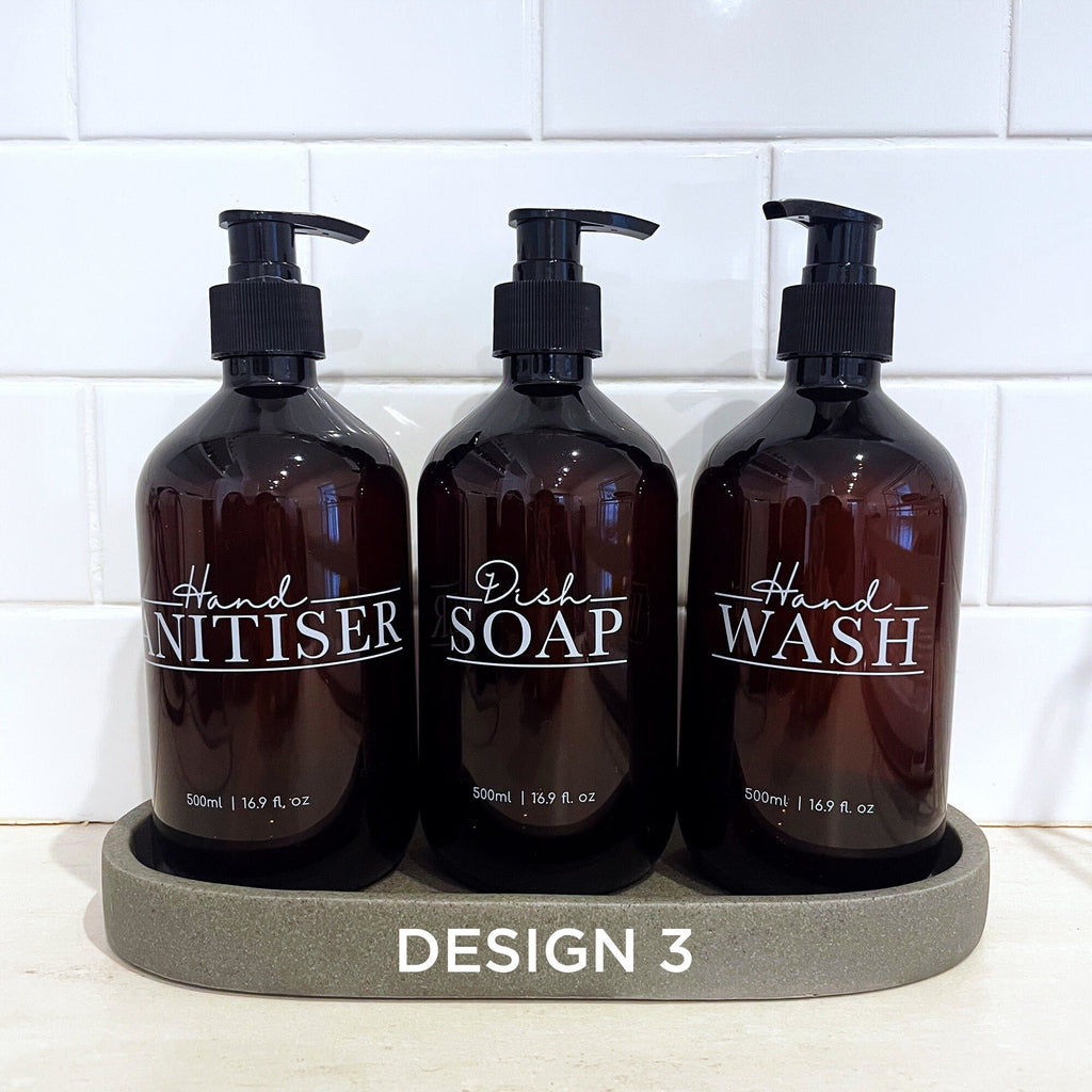 3 Piece AMBER Kitchen Bottle Set DESIGN 3 - Dish Soap, Hand Wash, Hand Sanitiser - 500ml dispensers