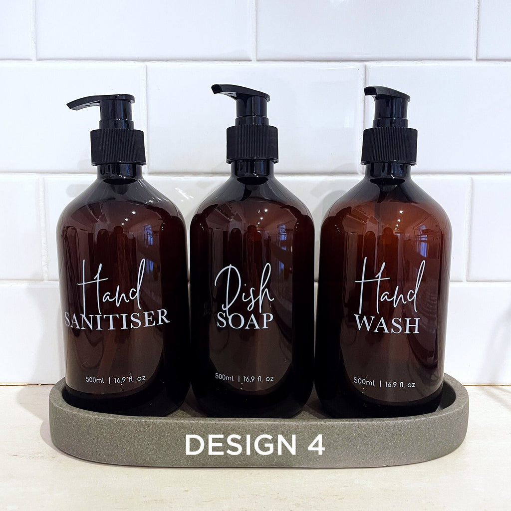 3 Piece AMBER Kitchen Bottle Set DESIGN 4 - Dish Soap, Hand Wash, Hand Sanitiser - 500ml dispensers