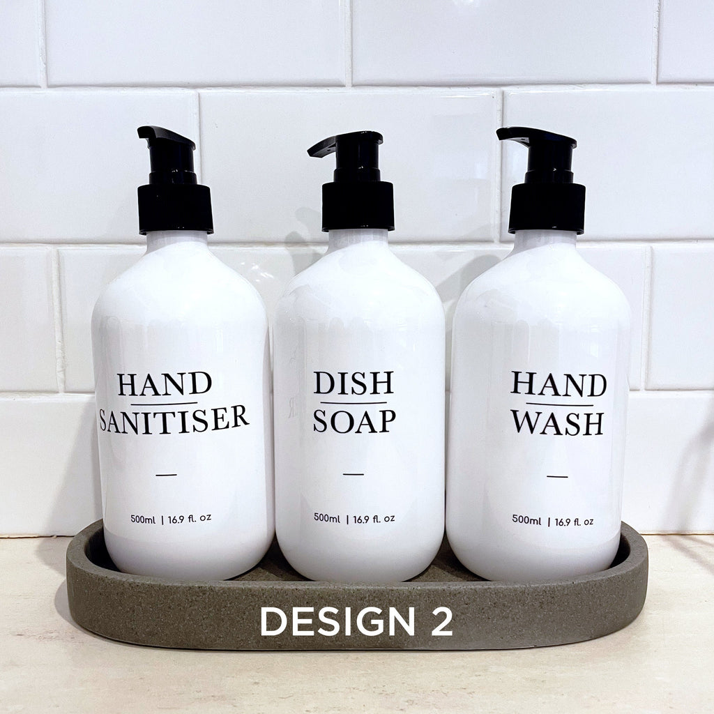 3 Piece WHITE Kitchen Bottle Set DESIGN 3 - Dish Soap, Hand Wash, Hand Sanitiser - 500ml dispensers