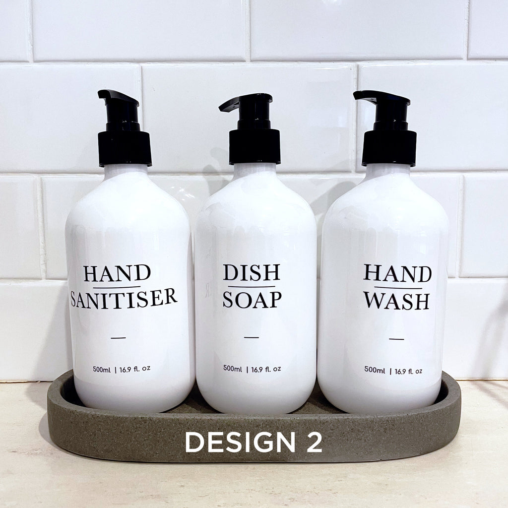 Set of 3 white and black Kitchen dispensers - handwash, sanitiser, dish soap