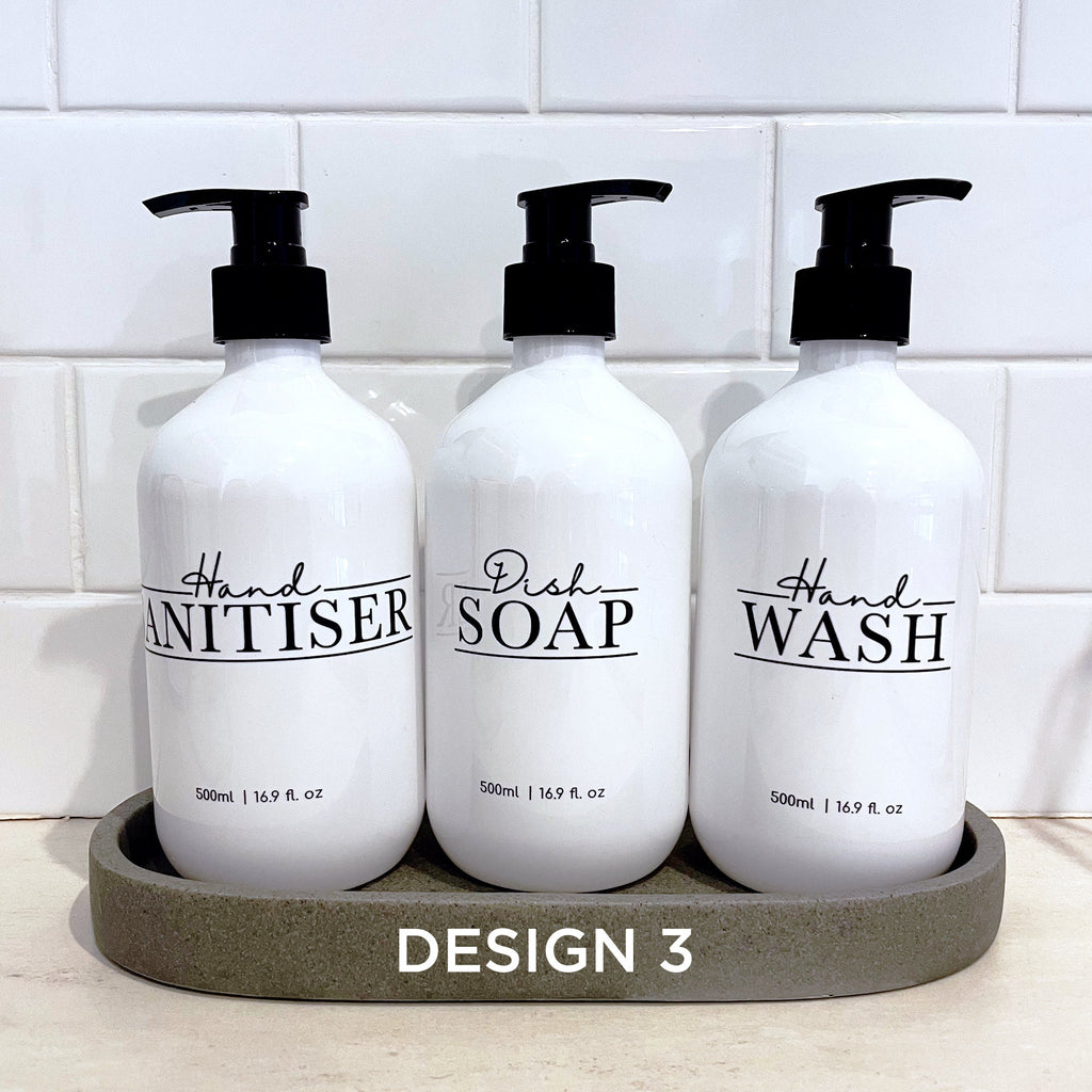 3 Piece WHITE Kitchen Bottle Set DESIGN 2 - Dish Soap, Hand Wash, Hand Sanitiser - 500ml dispensers