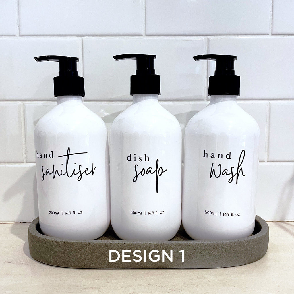 3 Piece WHITE Kitchen Bottle Set DESIGN 3 - Dish Soap, Hand Wash, Hand Sanitiser - 500ml dispensers