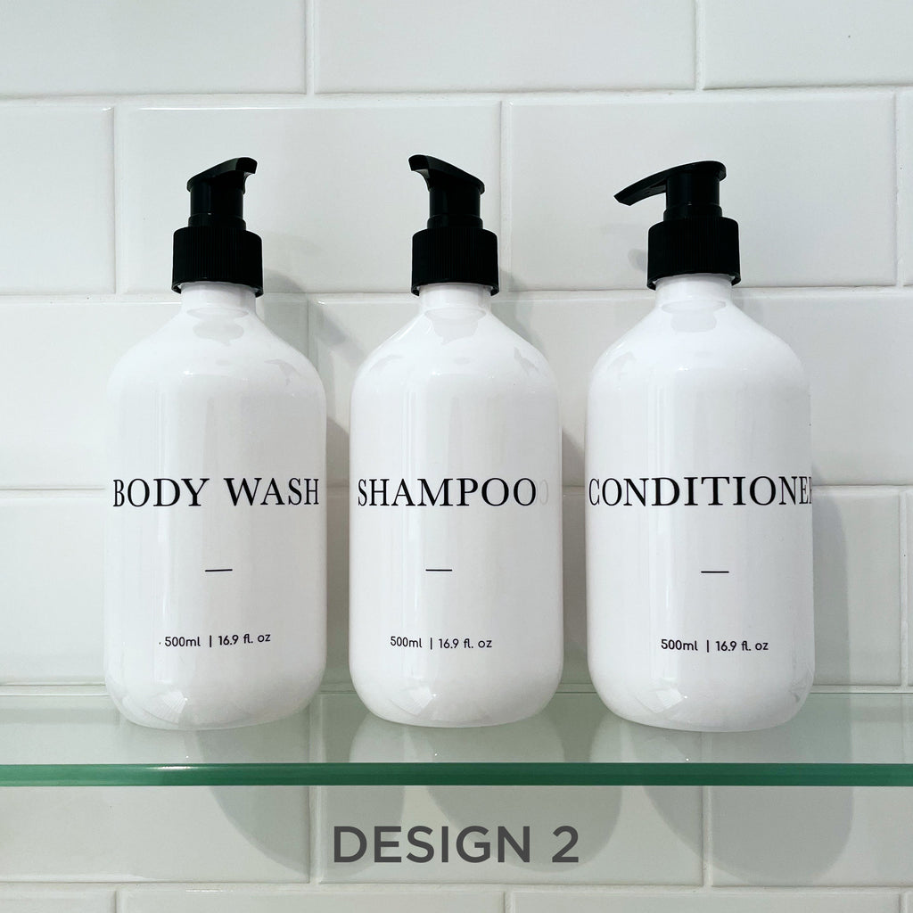 3 Piece Bathroom WHITE Bottle Set DESIGN 3 - Body Wash, Shampoo, Conditioner - 500ml dispensers