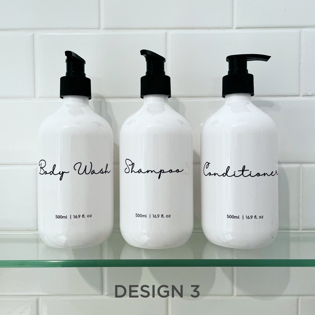 3 Piece Bathroom WHITE Bottle Set DESIGN 3 - Body Wash, Shampoo, Conditioner - 500ml dispensers