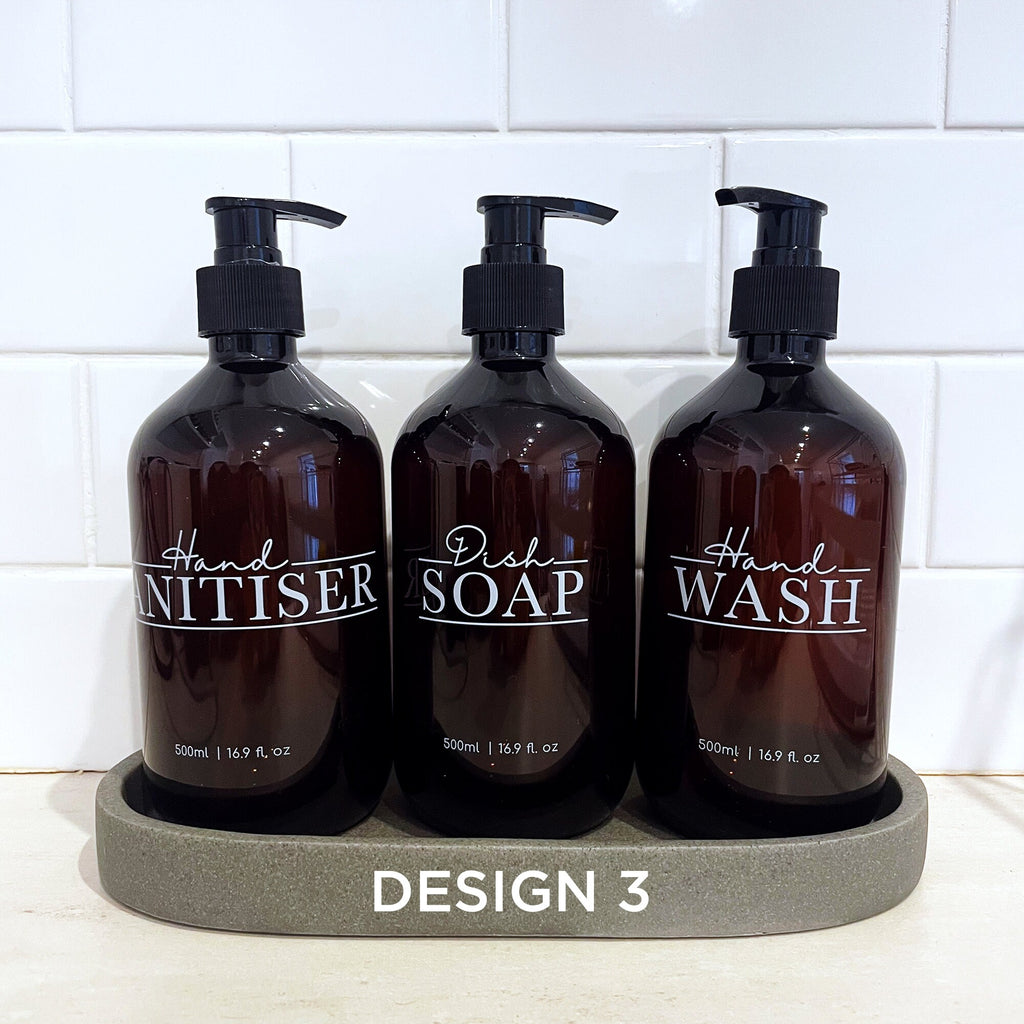 3 Piece AMBER Kitchen Bottle Set DESIGN 4 - Dish Soap, Hand Wash, Hand Sanitiser - 500ml dispensers