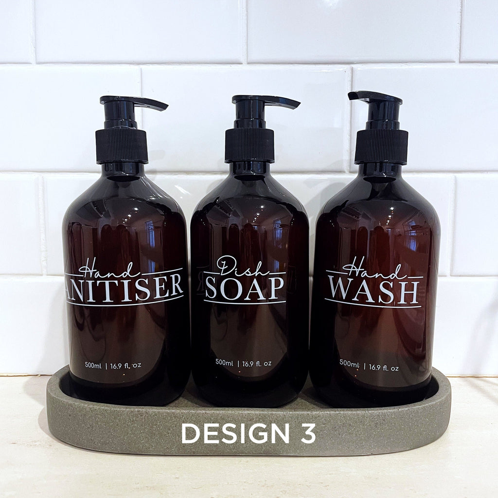 3 Piece Kitchen Tidy Bottle dispensers - hand wash, sanitiser, dish soap - 500ml