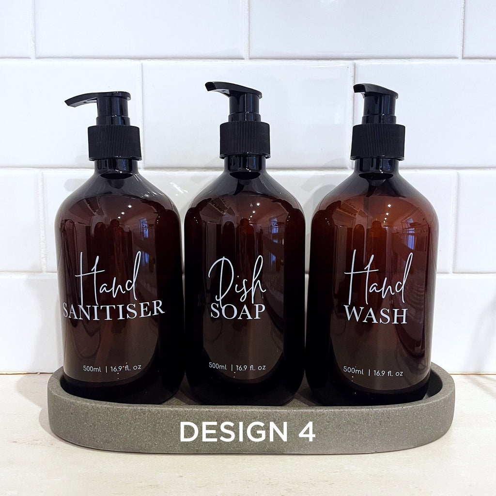 3 Piece AMBER Kitchen Bottle Set DESIGN 3 - Dish Soap, Hand Wash, Hand Sanitiser - 500ml dispensers