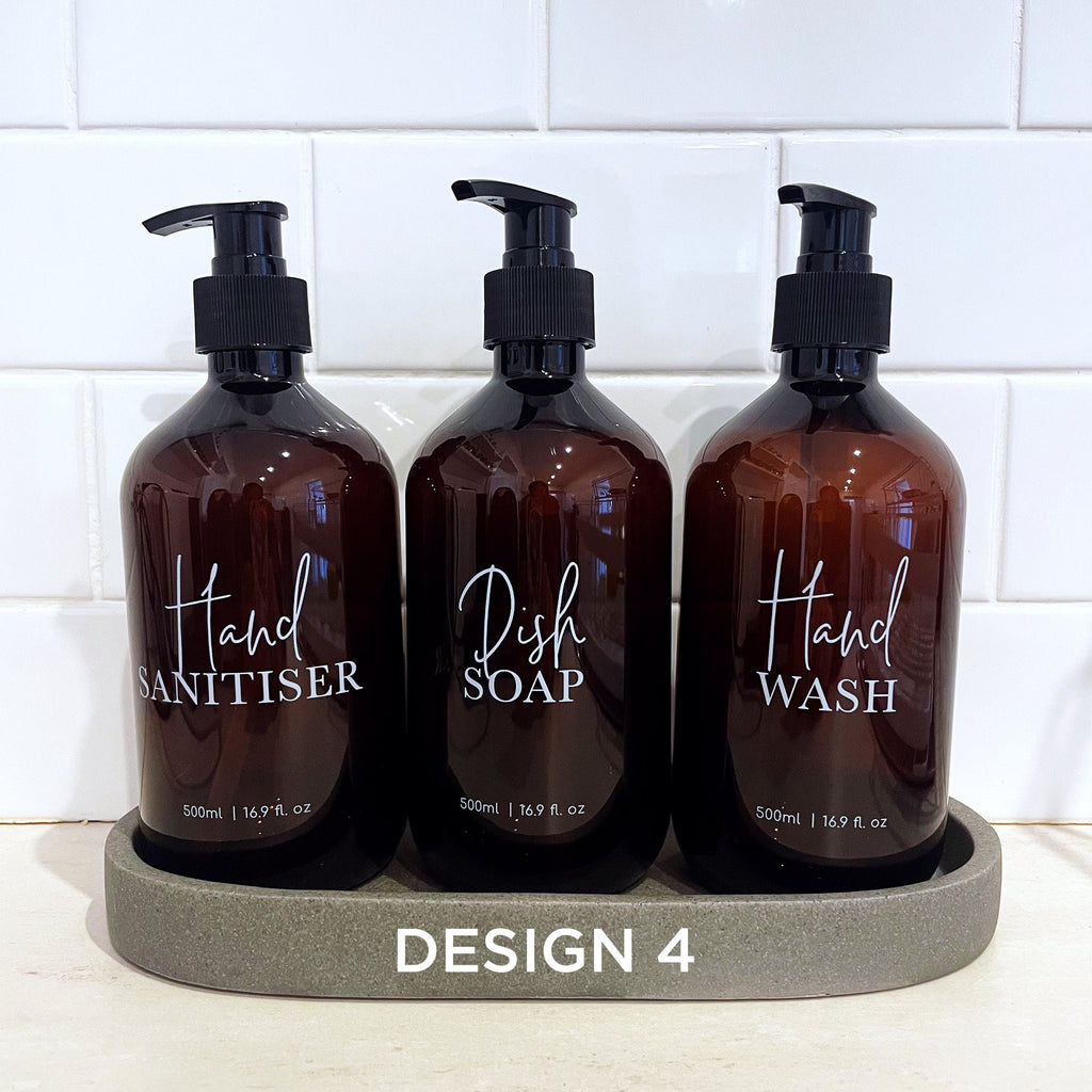 3 Piece AMBER Kitchen Bottle Set DESIGN 1 - Dish Soap, Hand Wash, Hand Sanitiser - 500ml dispensers