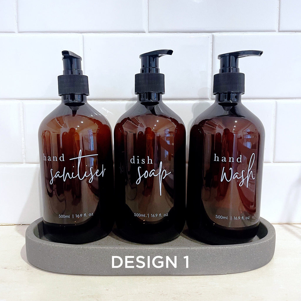 3 Piece Kitchen Tidy Bottle dispensers - hand wash, sanitiser, dish soap - 500ml