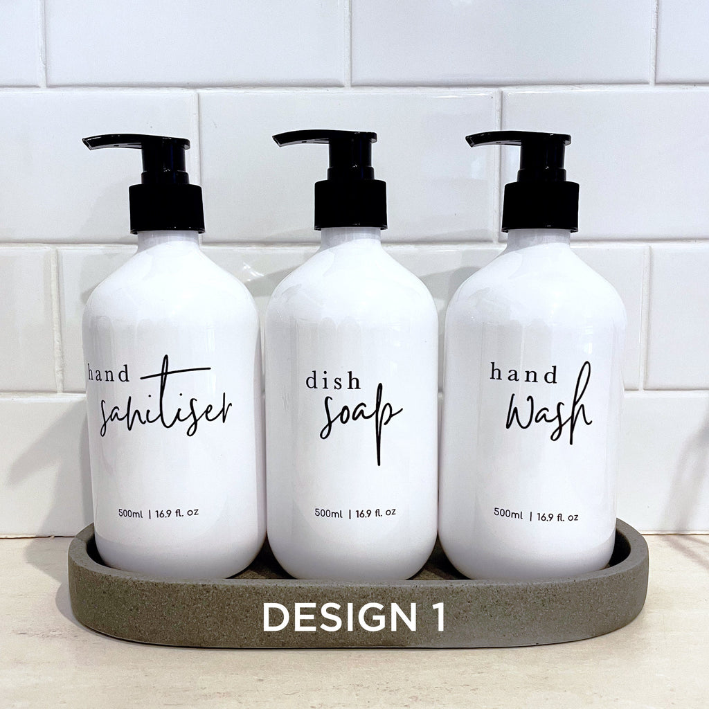 3 Piece WHITE Kitchen Bottle Set DESIGN 2 - Dish Soap, Hand Wash, Hand Sanitiser - 500ml dispensers