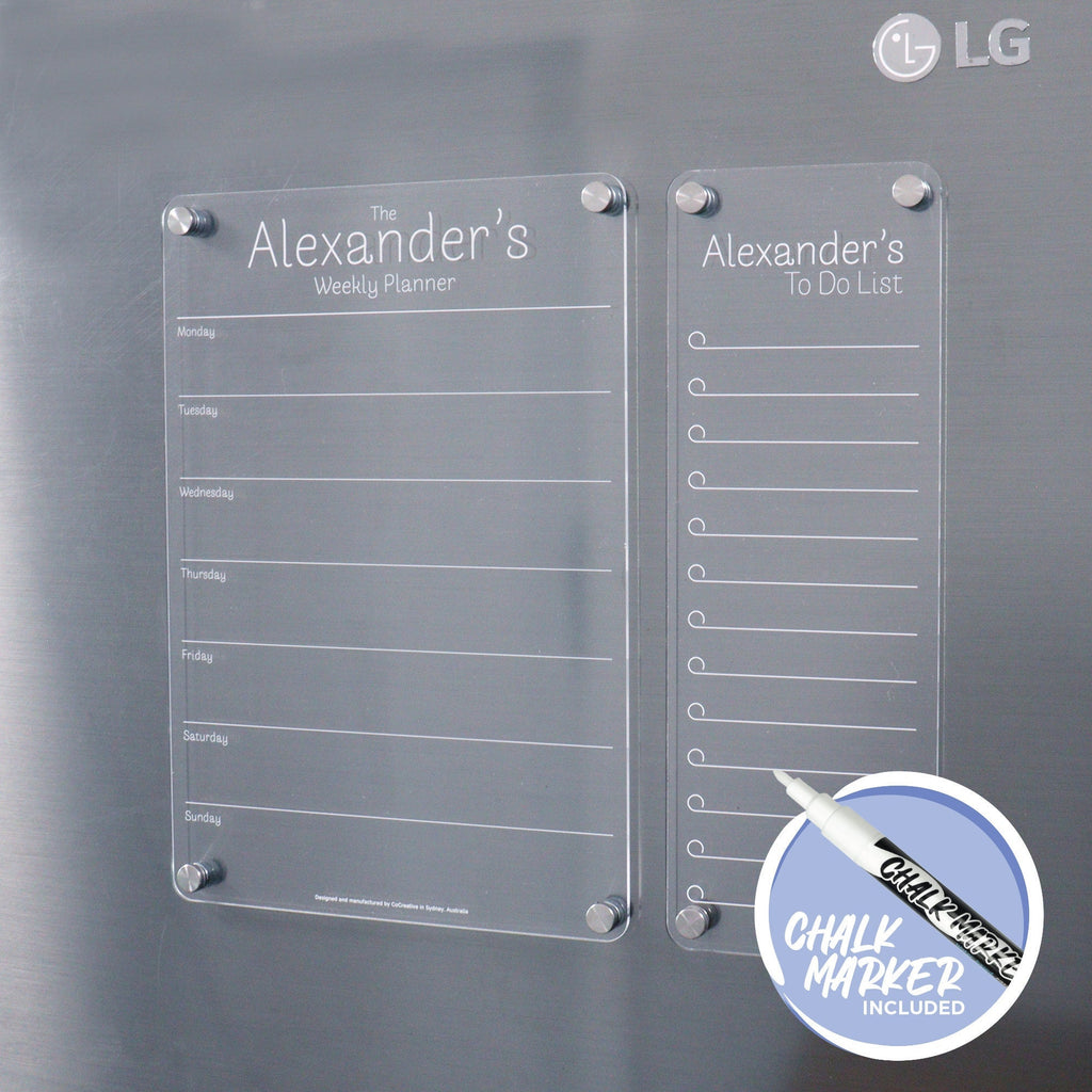 Fridge Acrylic Planner - WHITE UV print - acrylic whiteboard calendar - family organiser - A4 and Shopping list COMBO