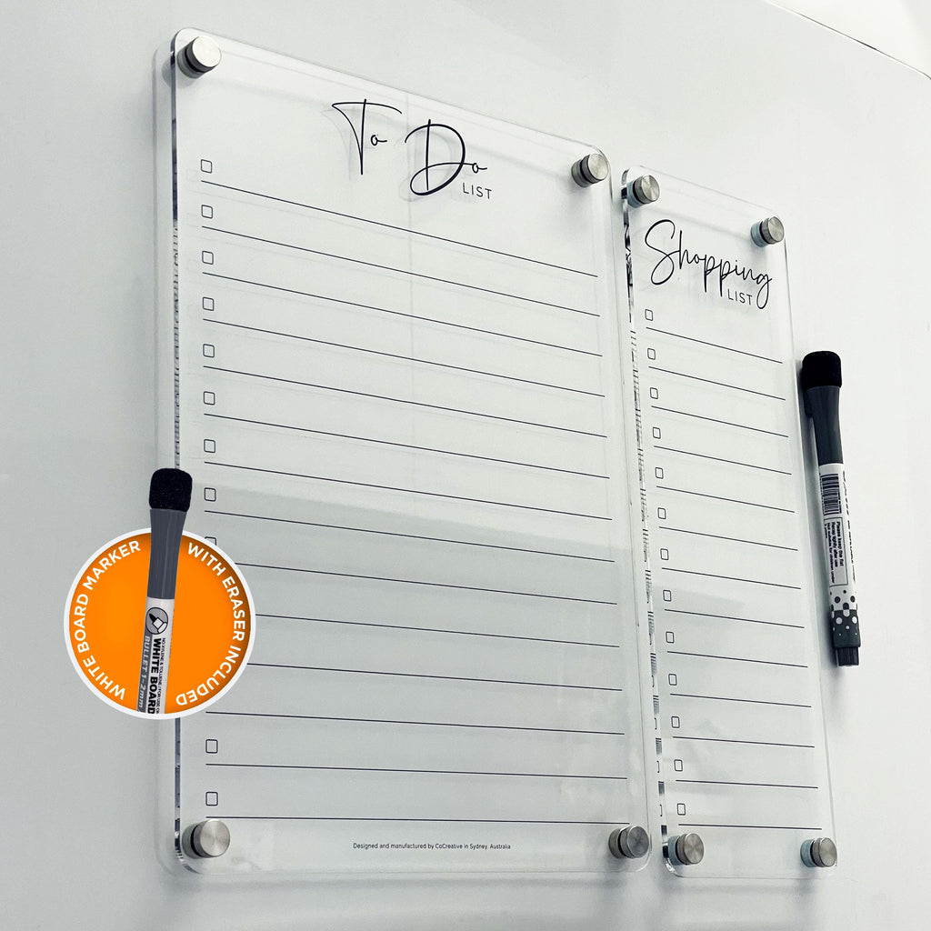 To Do List Fridge Acrylic Planner - BLACK UV Print ORIGINAL Design - Clear Acrylic Whiteboard List Board - Shopping List - Combo