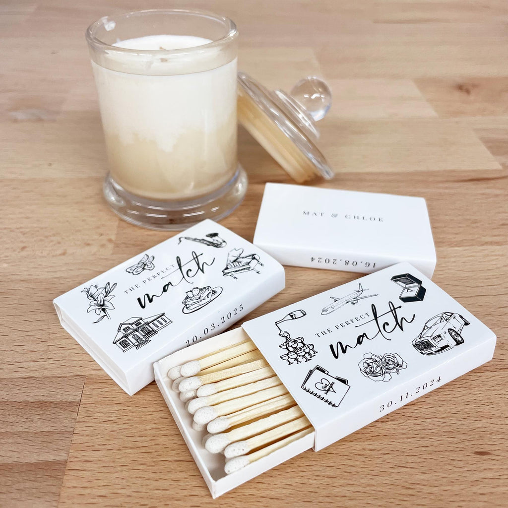 Custom Illustration Wedding Matchboxes | The Perfect Match | Wedding Favor Matches - Handdrawn Art Matches | Wedding Art