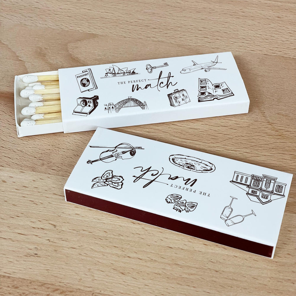 Custom LONG STEM Illustration Wedding Matchboxes | The Perfect Match | Wedding Favor Matches - Handdrawn Art Matches | Wedding Art