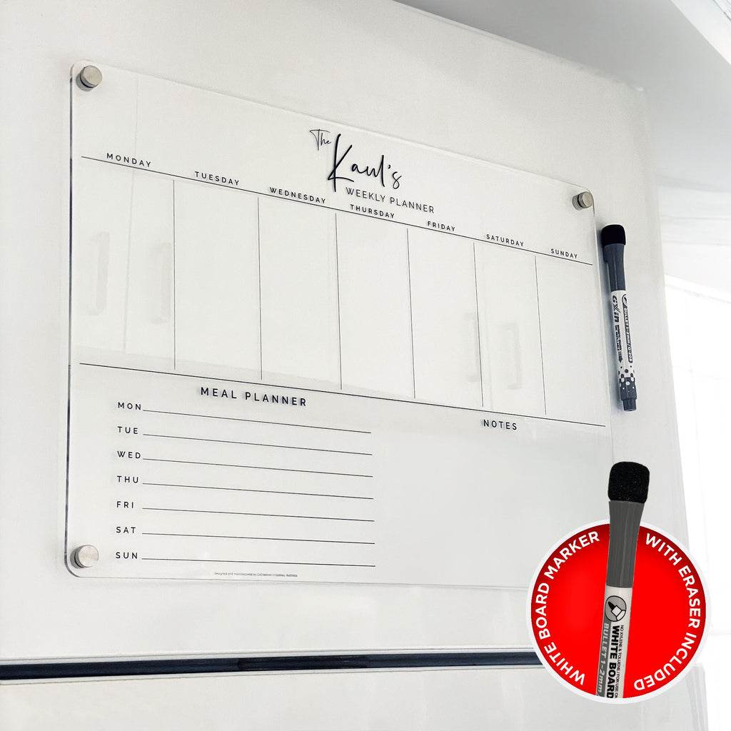 Weekly MEAL Magnetic Fridge Acrylic Planner A3 - BLACK UV Print - Clear Acrylic Whiteboard Meal Planner - Family Organiser - Shopping List