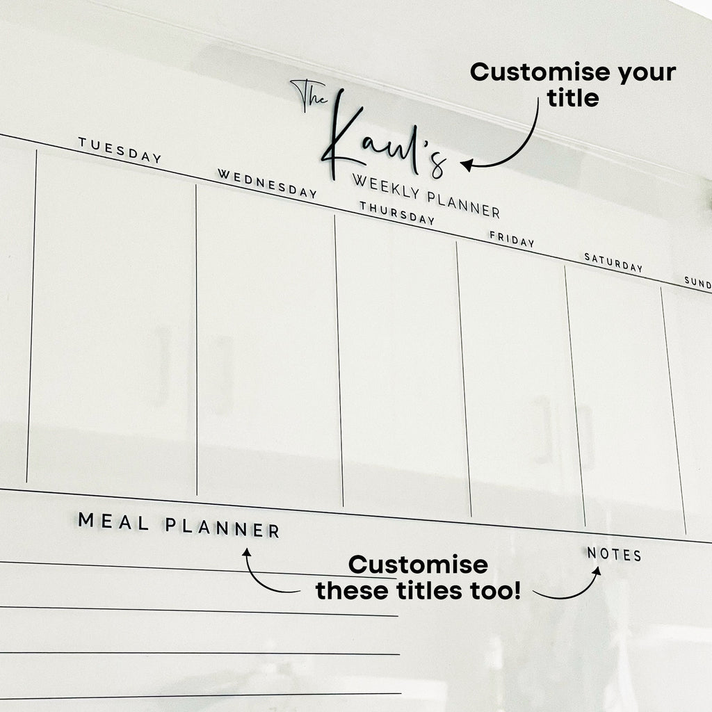 Weekly MEAL Magnetic Fridge Acrylic Planner A3 - BLACK UV Print - Clear Acrylic Whiteboard Meal Planner - Family Organiser - Shopping List