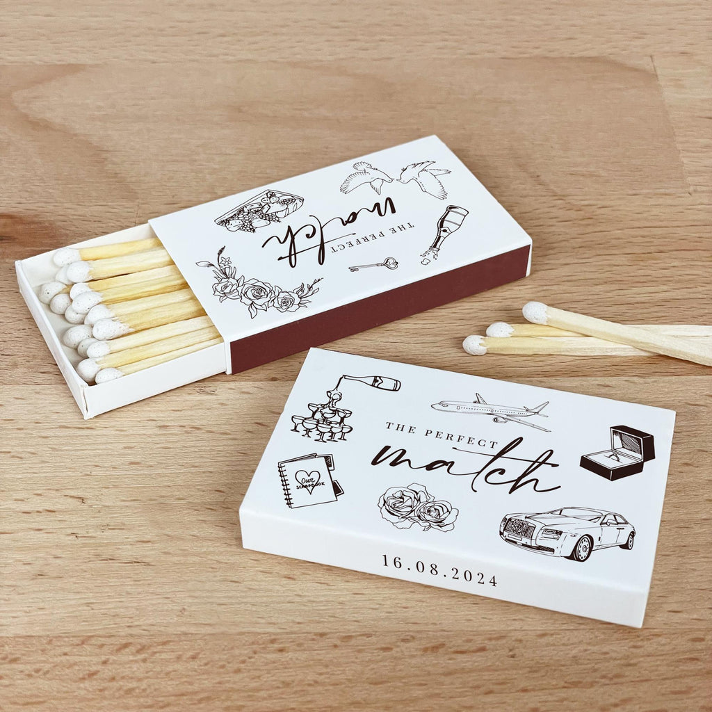 Custom Illustration Wedding Matchboxes | The Perfect Match | Wedding Favor Matches - Handdrawn Art Matches | Wedding Art