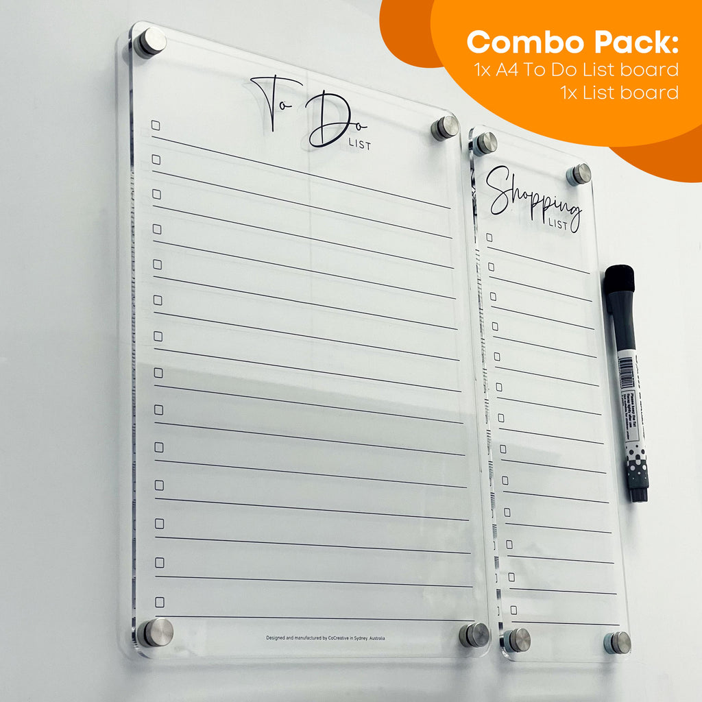 To Do List Fridge Acrylic Planner - BLACK UV Print ORIGINAL Design - Clear Acrylic Whiteboard List Board - Shopping List - Combo