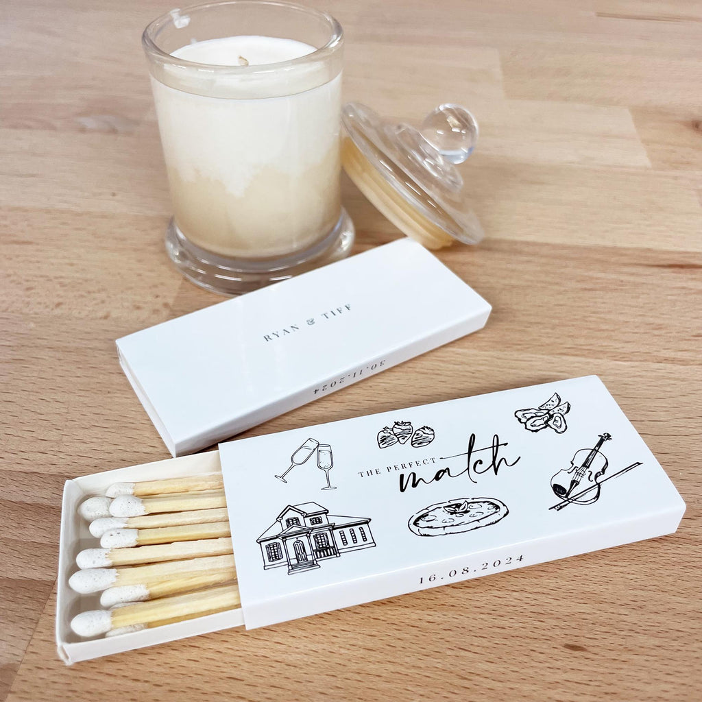 Custom LONG STEM Illustration Wedding Matchboxes | The Perfect Match | Wedding Favor Matches - Handdrawn Art Matches | Wedding Art