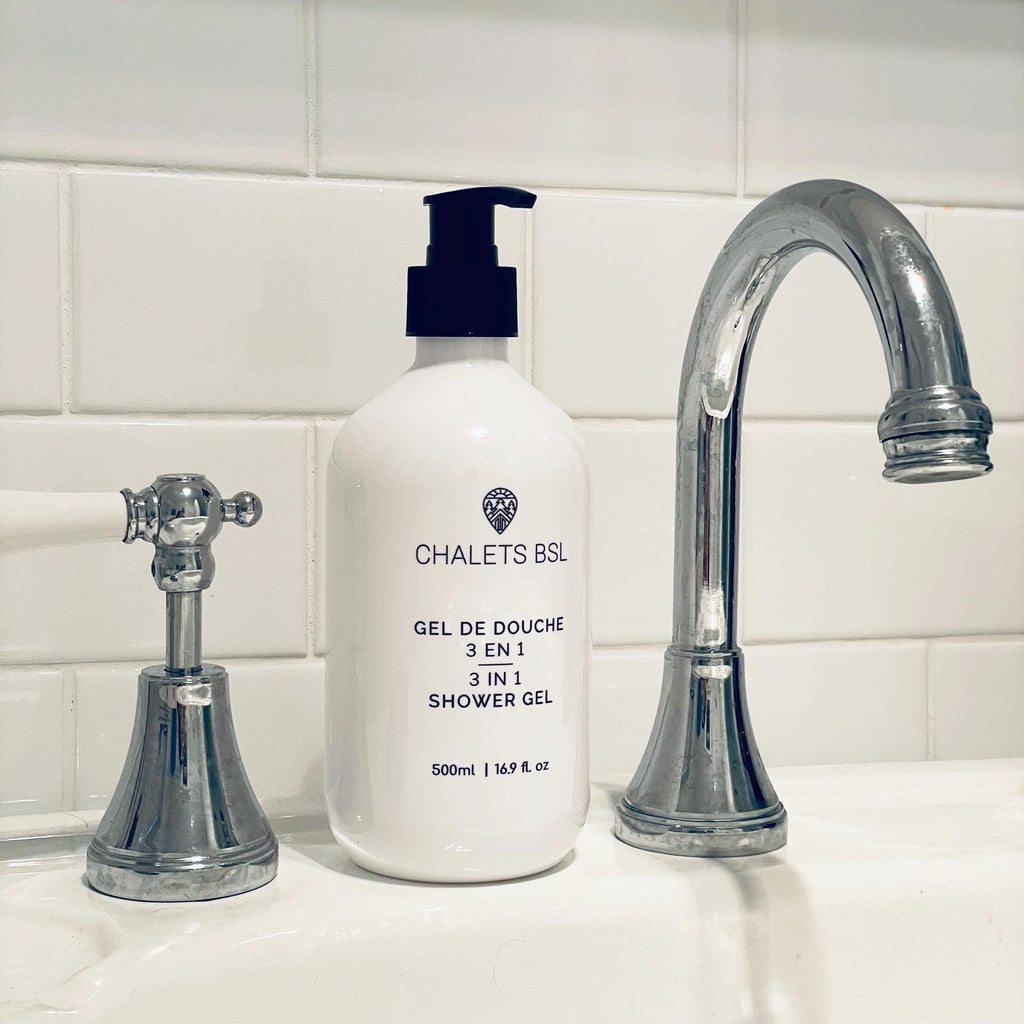 Custom Hotel Pump Bottle - Custom Business Branding Bottle - Shower Gel 3 in 1 Custom Bottle - Chalets BSL 