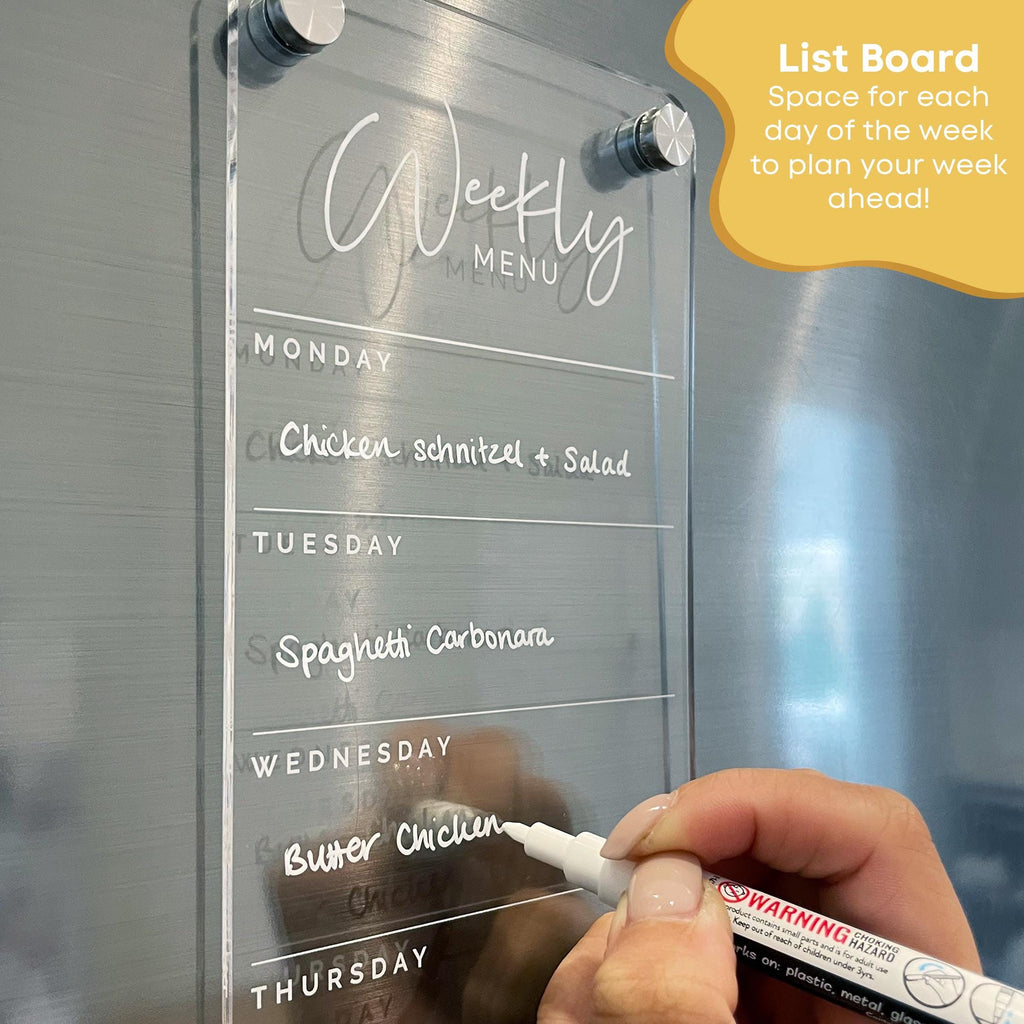 Fridge Acrylic Weekly Menu List Board - WHITE UV Print - Clear Acrylic Whiteboard Planner - Weekly Planner - Meal Planner Board