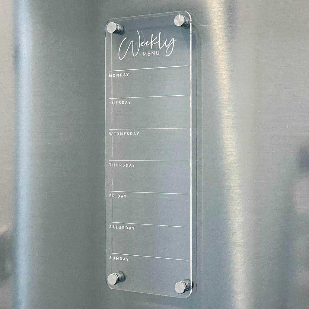 Fridge Acrylic Weekly Menu List Board - WHITE UV Print - Clear Acrylic Whiteboard Planner - Weekly Planner - Meal Planner Board