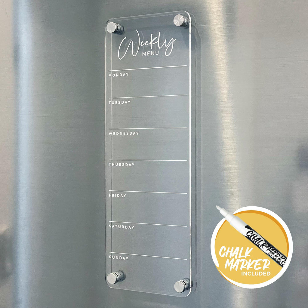 Fridge Acrylic Weekly Menu List Board - WHITE UV Print - Clear Acrylic Whiteboard Planner - Weekly Planner - Meal Planner Board