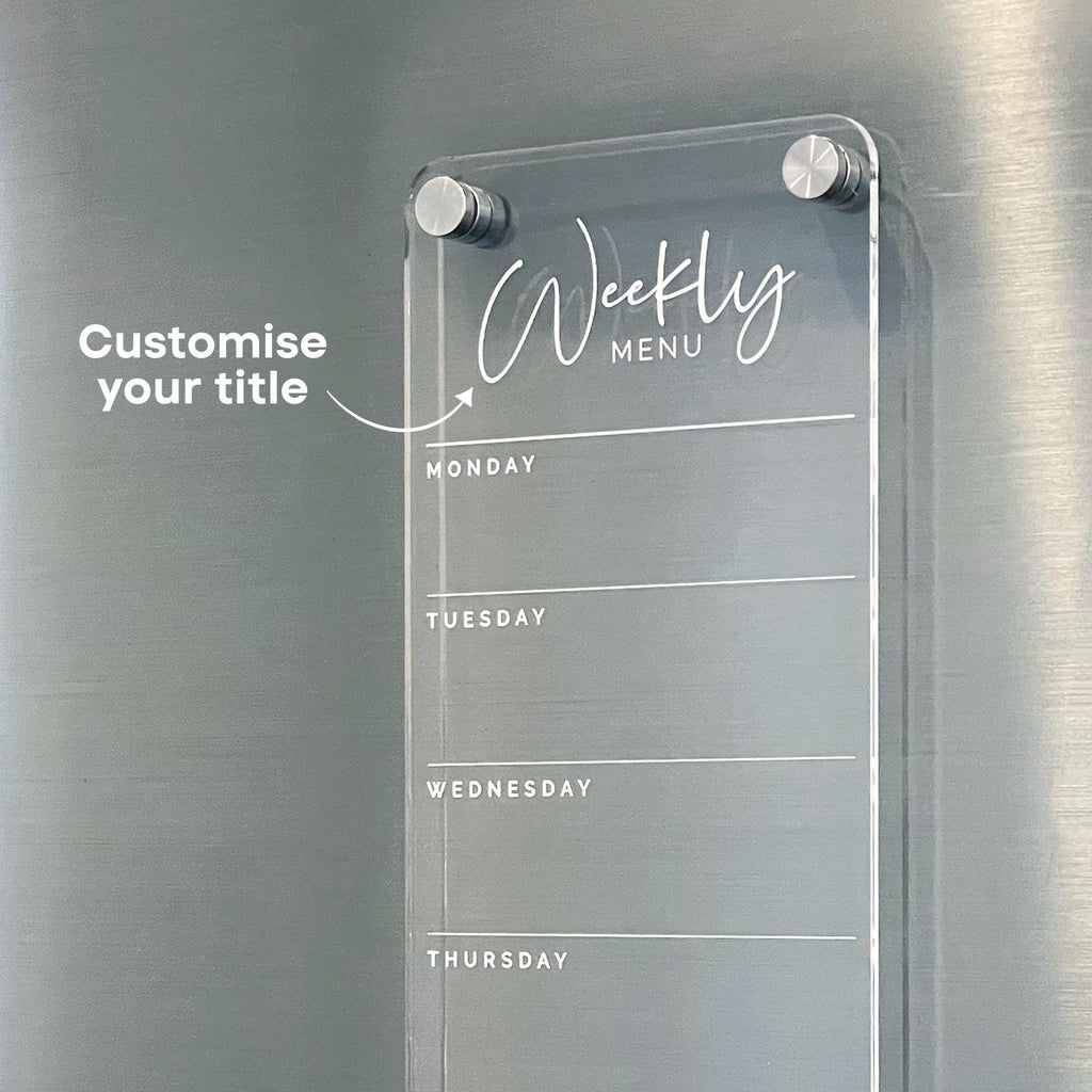 Fridge Acrylic Weekly Menu List Board - WHITE UV Print - Clear Acrylic Whiteboard Planner - Weekly Planner - Meal Planner Board