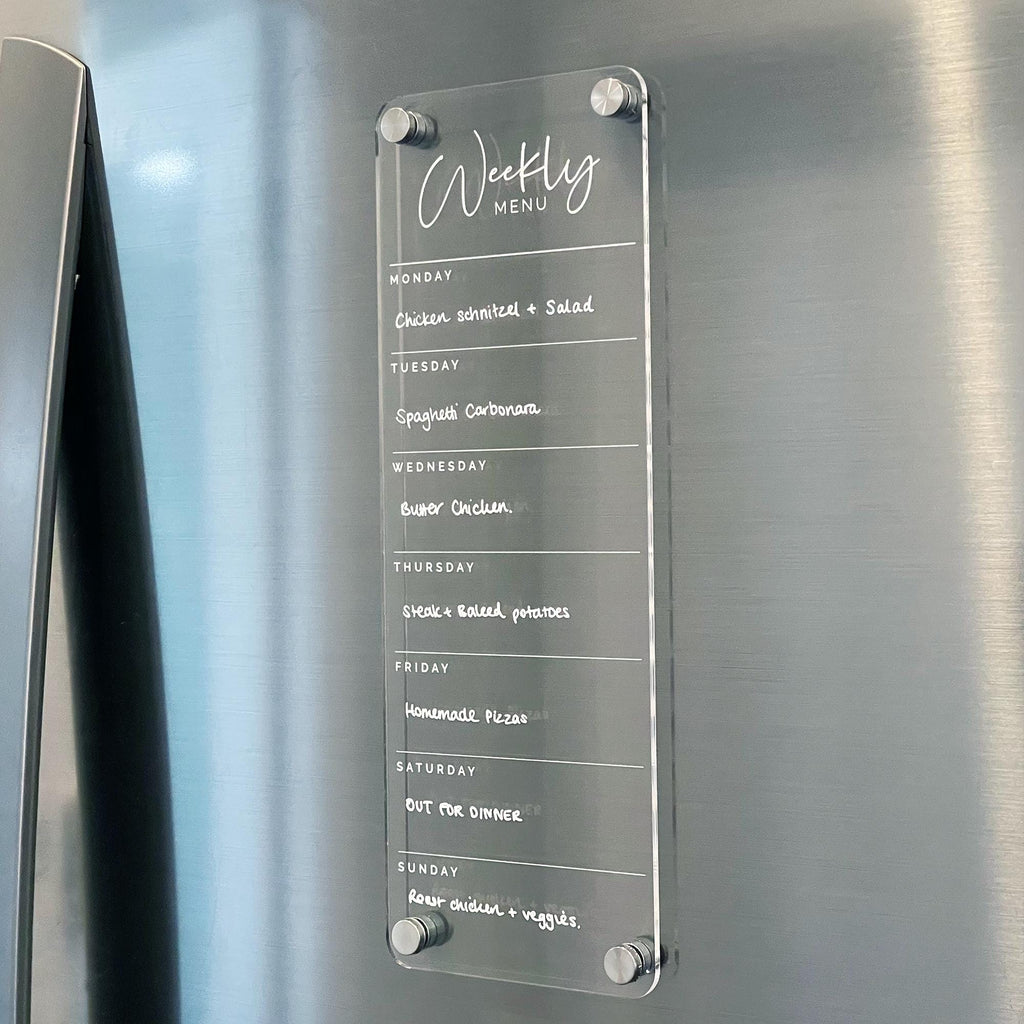 Fridge Acrylic Weekly Menu List Board - WHITE UV Print - Clear Acrylic Whiteboard Planner - Weekly Planner - Meal Planner Board