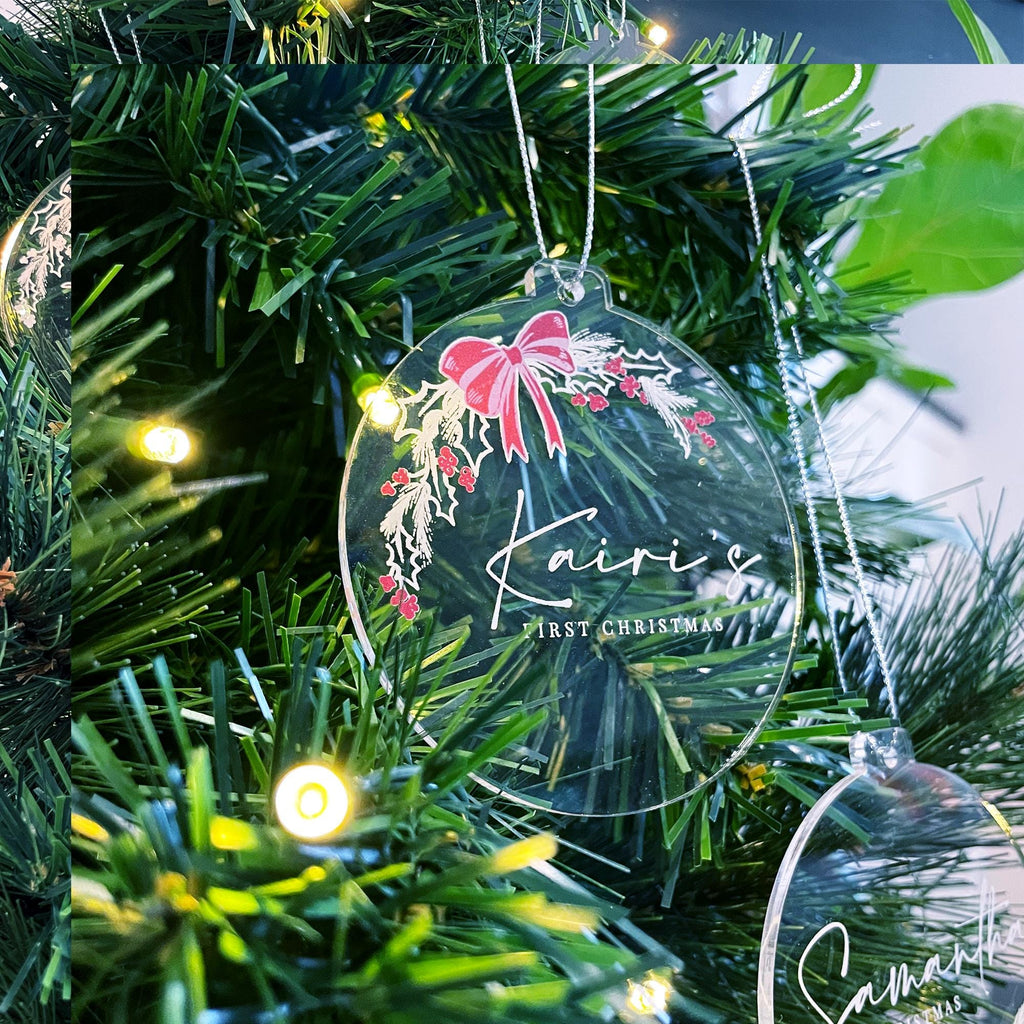 Personalised Wreath Christmas Tree Ornament - UV Printed Custom Clear Acrylic Bauble - Wreath Design - Christmas Holly Mistletoe Design