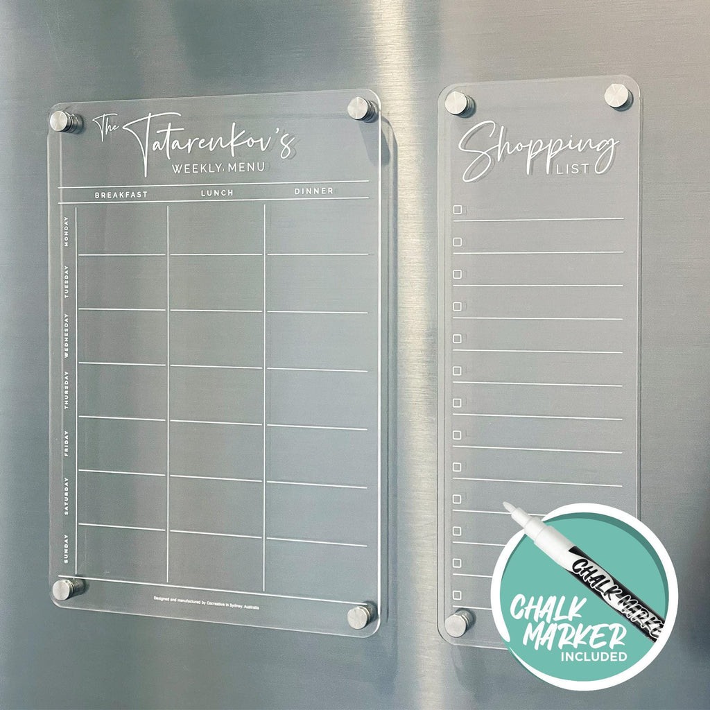 Weekly MENU Fridge Acrylic Planner - Breakfast Lunch Dinner Meal Planner - Meal Prep Planner - WHITE Print Planner - Shopping List Combo