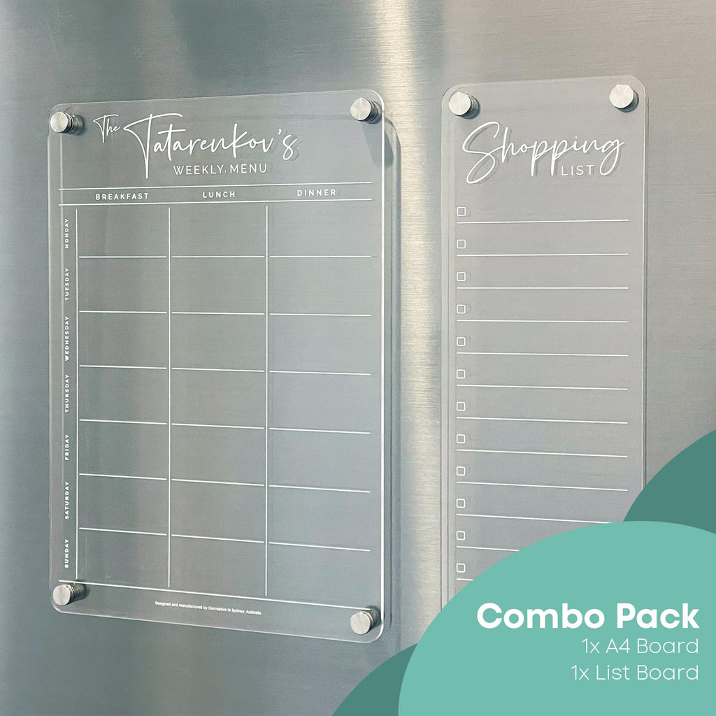 Weekly MENU Fridge Acrylic Planner - Breakfast Lunch Dinner Meal Planner - Meal Prep Planner - WHITE Print Planner - Shopping List Combo