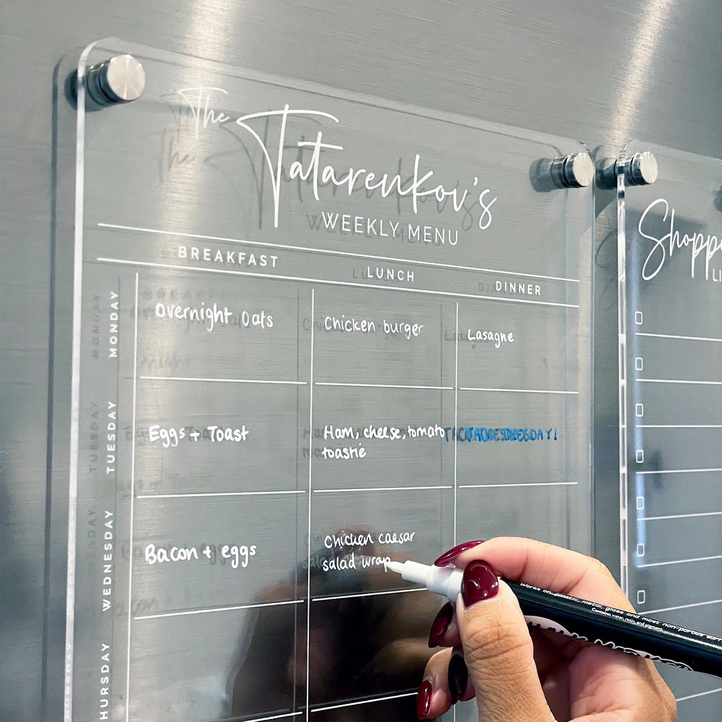 Weekly MENU Fridge Acrylic Planner - Breakfast Lunch Dinner Meal Planner - Meal Prep Planner - WHITE Print Planner - Shopping List Combo