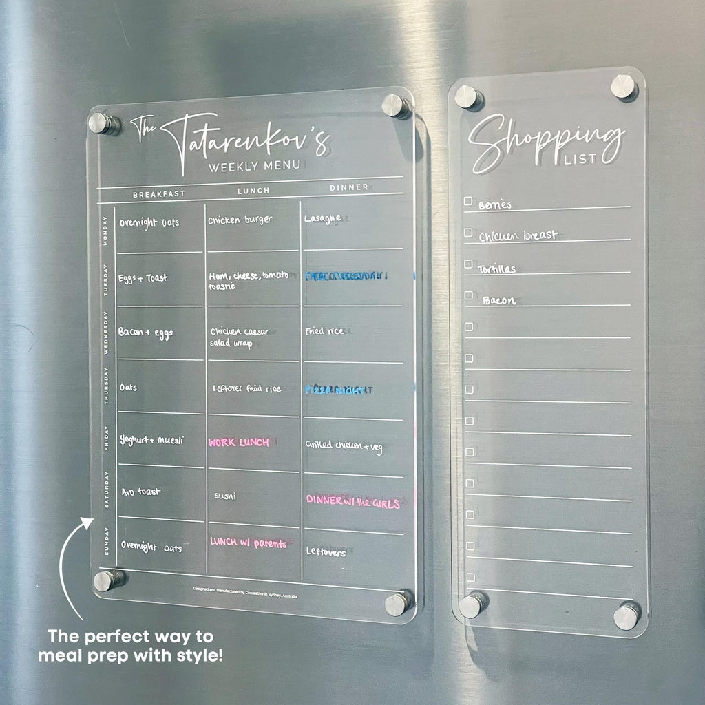 Weekly MENU Fridge Acrylic Planner - Breakfast Lunch Dinner Meal Planner - Meal Prep Planner - WHITE Print Planner - Shopping List Combo