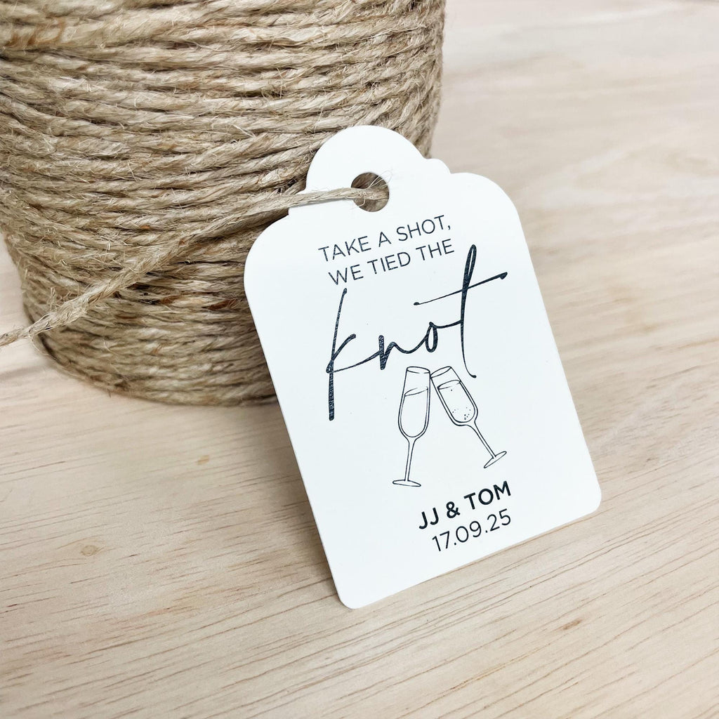 Champagne Wedding Favor 'Take a shot, we tied the knot' Swing Tag | Personalised Wedding Favour Tags | Custom Swing Tags