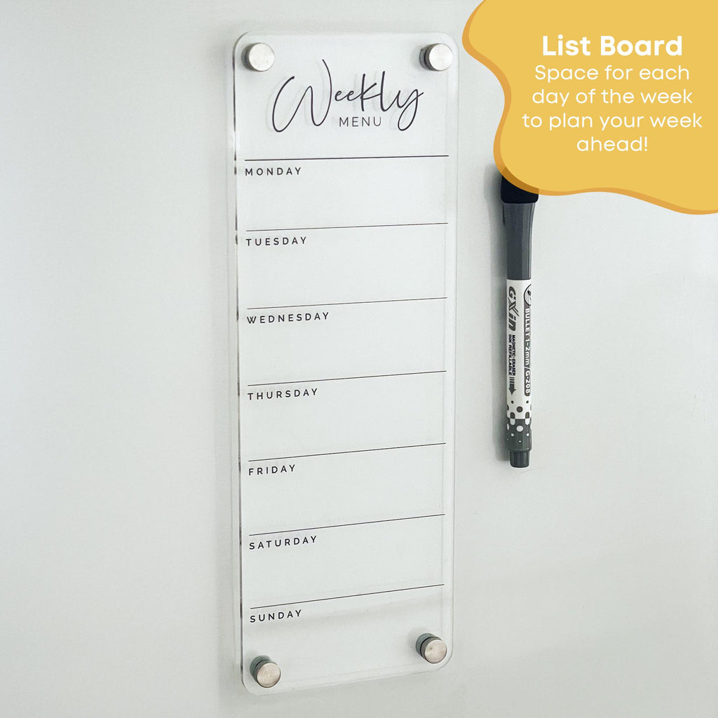 Fridge Acrylic Weekly Menu List Board - BLACK UV Print - Clear Acrylic Whiteboard Planner - Weekly Planner - Meal Planner Board