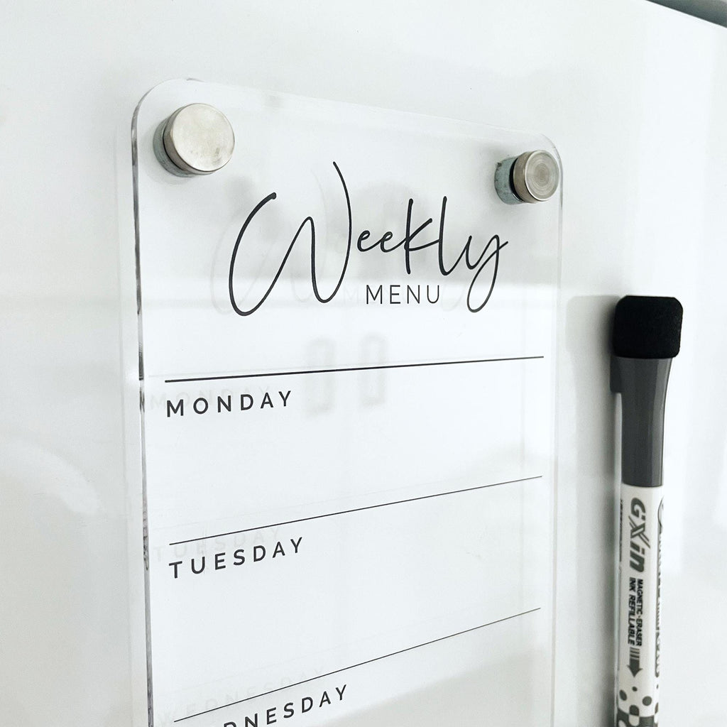 Fridge Acrylic Weekly Menu List Board - BLACK UV Print - Clear Acrylic Whiteboard Planner - Weekly Planner - Meal Planner Board