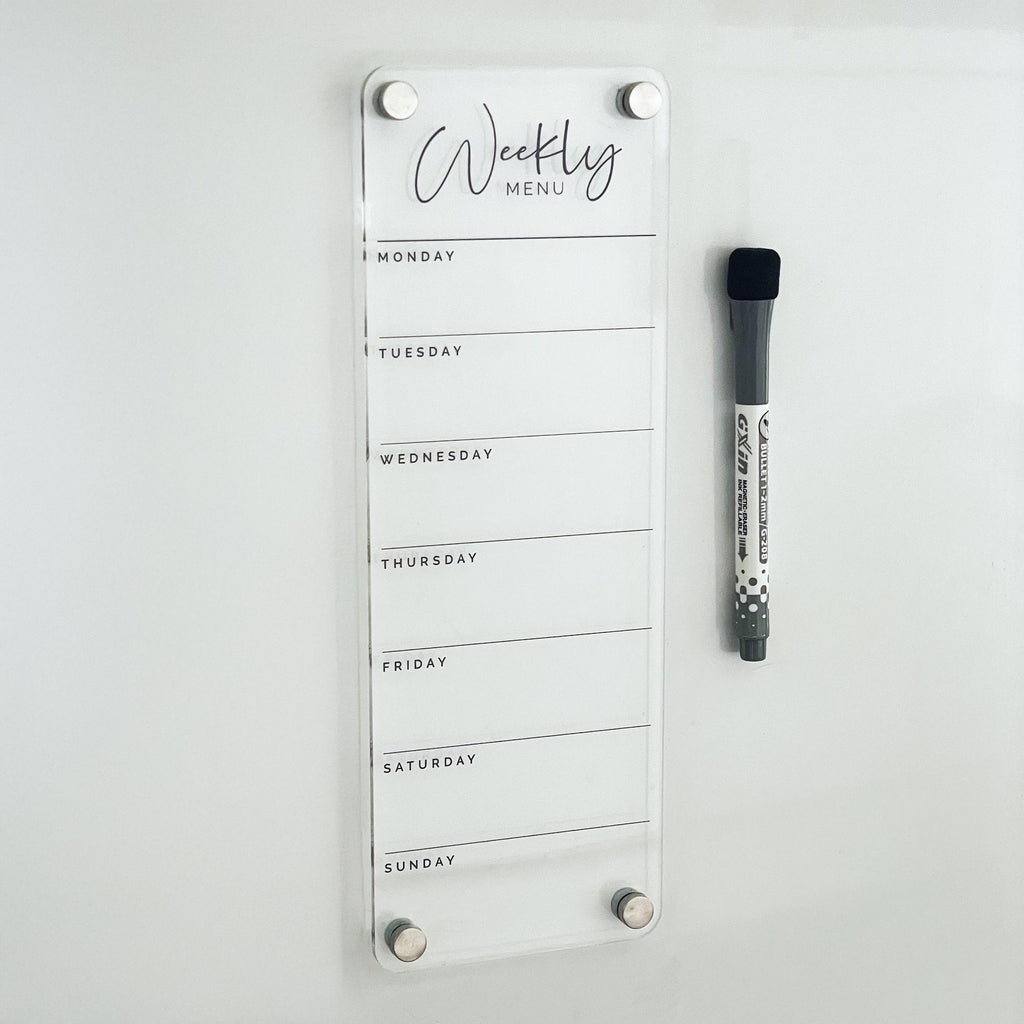 Fridge Acrylic Weekly Menu List Board - BLACK UV Print - Clear Acrylic Whiteboard Planner - Weekly Planner - Meal Planner Board