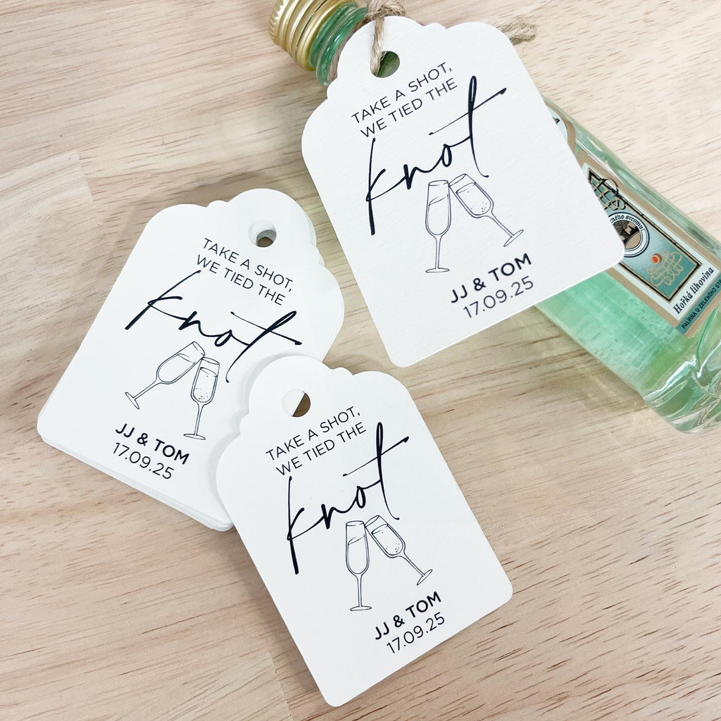 Champagne Wedding Favor 'Take a shot, we tied the knot' Swing Tag | Personalised Wedding Favour Tags | Custom Swing Tags