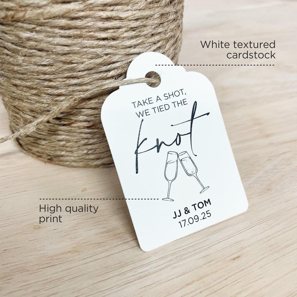 Champagne Wedding Favor 'Take a shot, we tied the knot' Swing Tag | Personalised Wedding Favour Tags | Custom Swing Tags