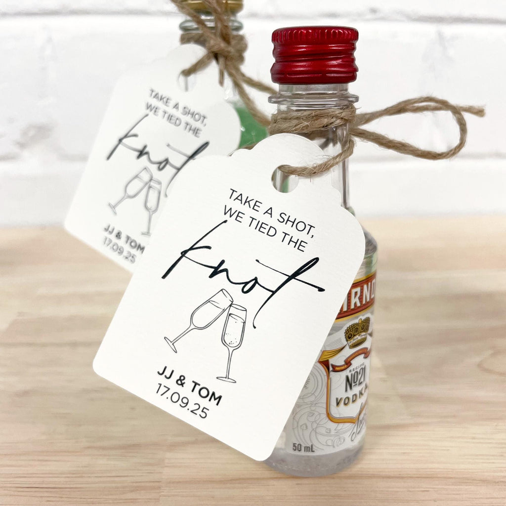 Champagne Wedding Favor 'Take a shot, we tied the knot' Swing Tag | Personalised Wedding Favour Tags | Custom Swing Tags