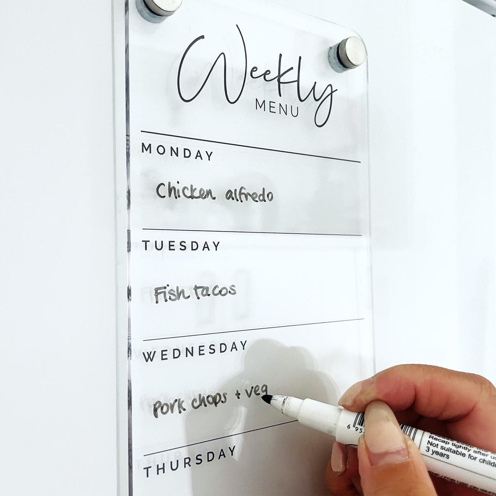 Fridge Acrylic Weekly Menu List Board - BLACK UV Print - Clear Acrylic Whiteboard Planner - Weekly Planner - Meal Planner Board