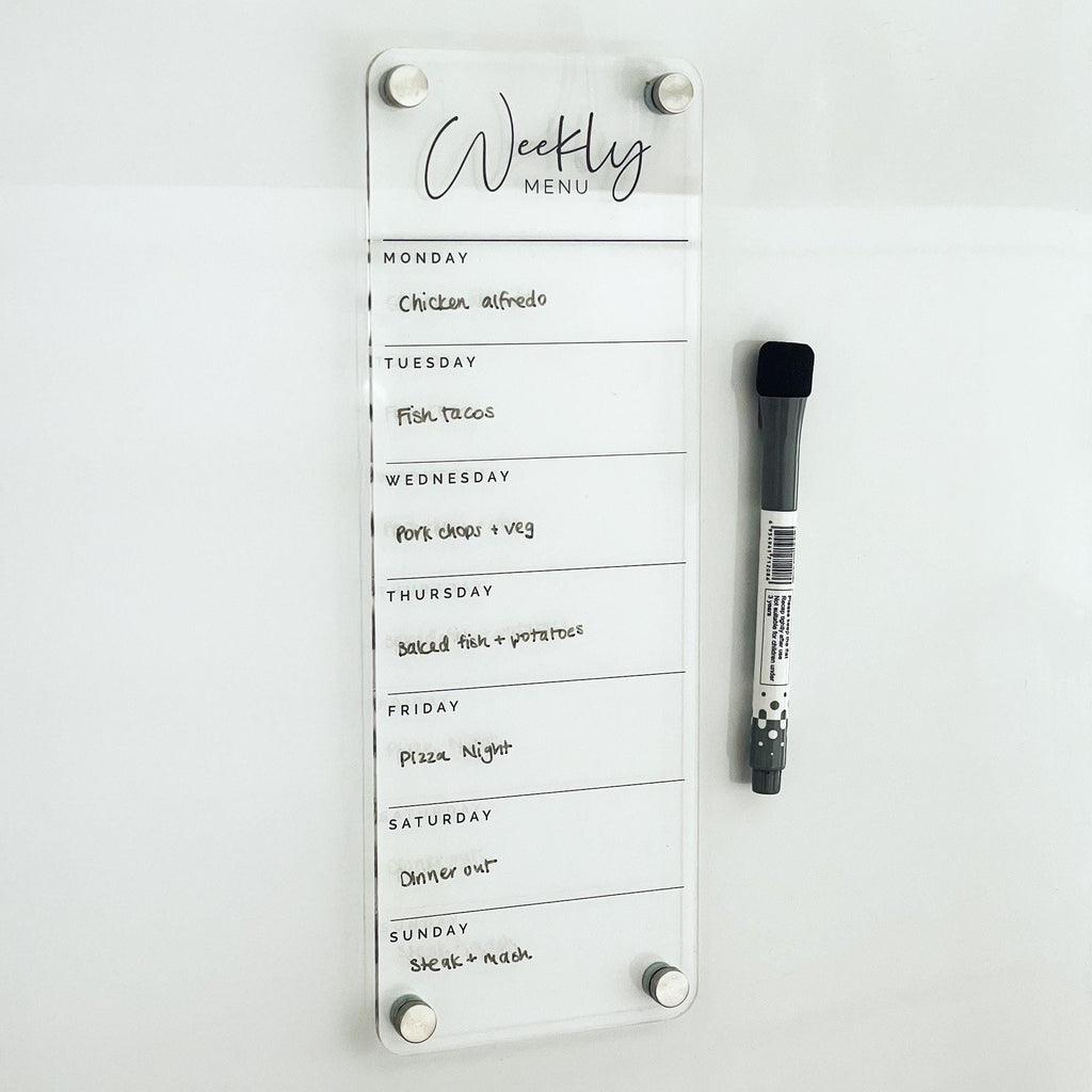 Fridge Acrylic Weekly Menu List Board - BLACK UV Print - Clear Acrylic Whiteboard Planner - Weekly Planner - Meal Planner Board