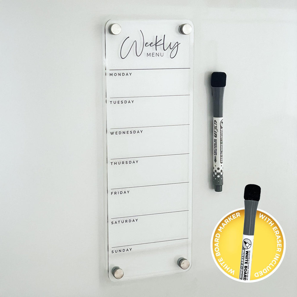 Fridge Acrylic Weekly Menu List Board - BLACK UV Print - Clear Acrylic Whiteboard Planner - Weekly Planner - Meal Planner Board