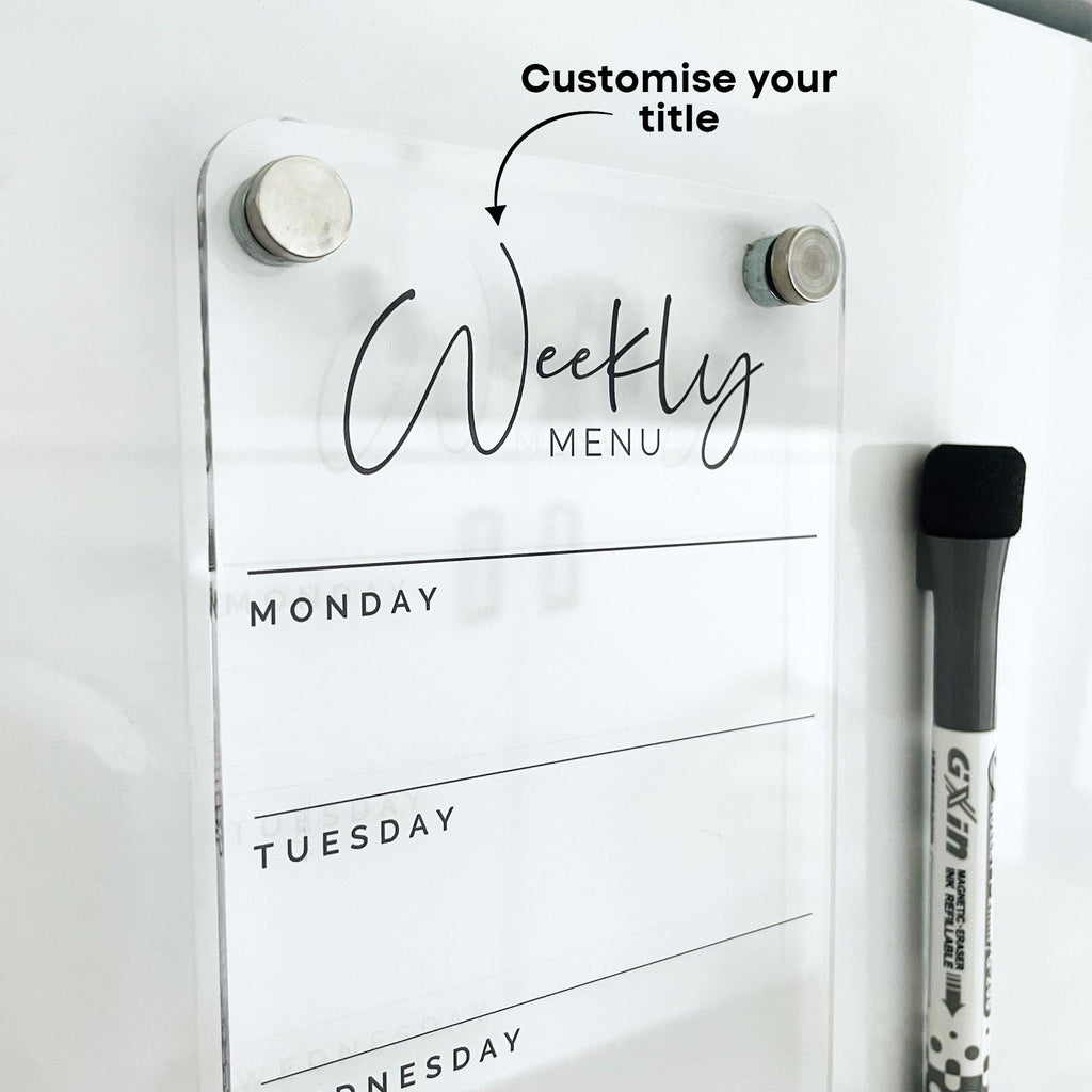 Fridge Acrylic Weekly Menu List Board - BLACK UV Print - Clear Acrylic Whiteboard Planner - Weekly Planner - Meal Planner Board