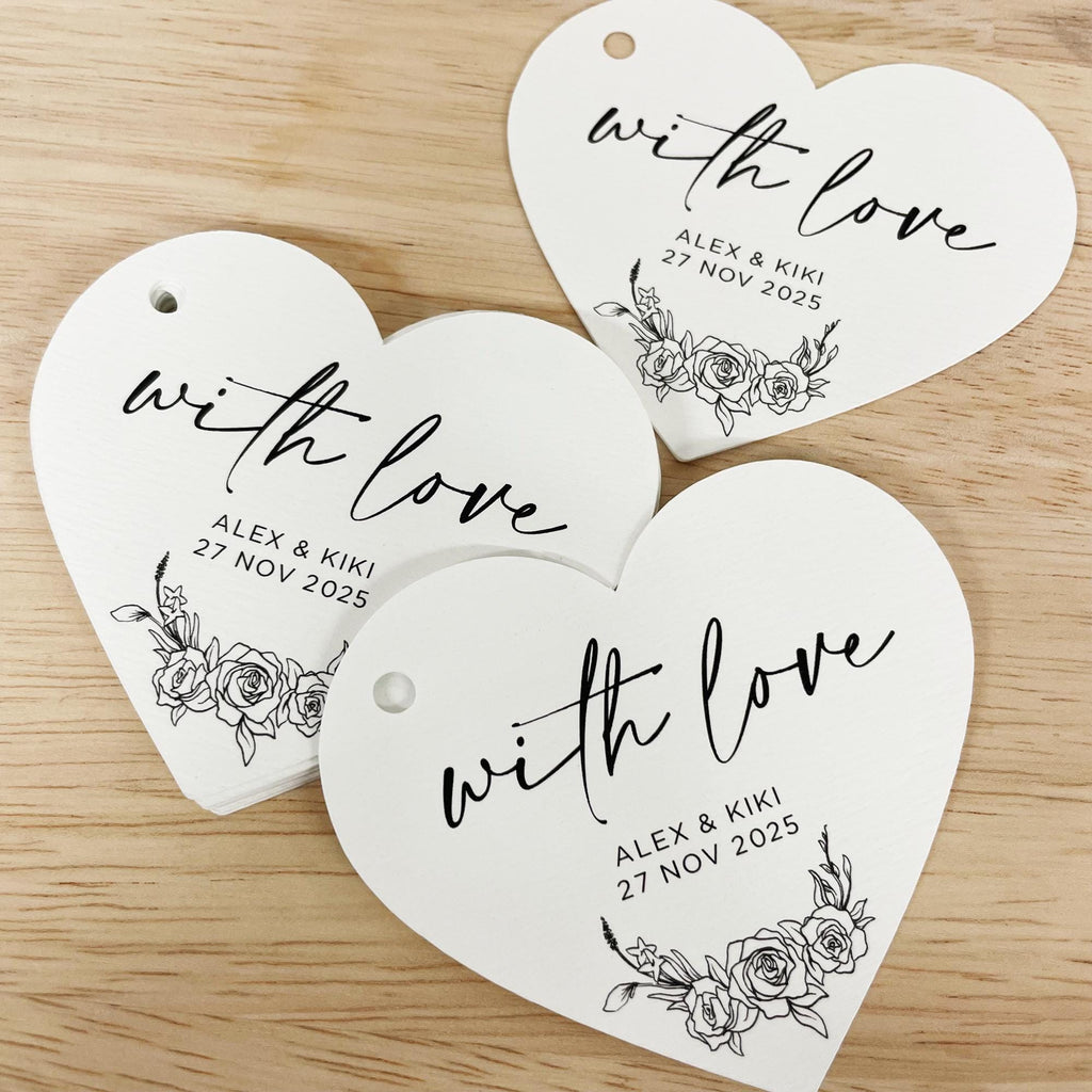 With Love - Heart Shaped Custom Wedding Gift Tags | Thank You Tags | Wedding Favor Swing Tags | Custom Heart Thank You Tags