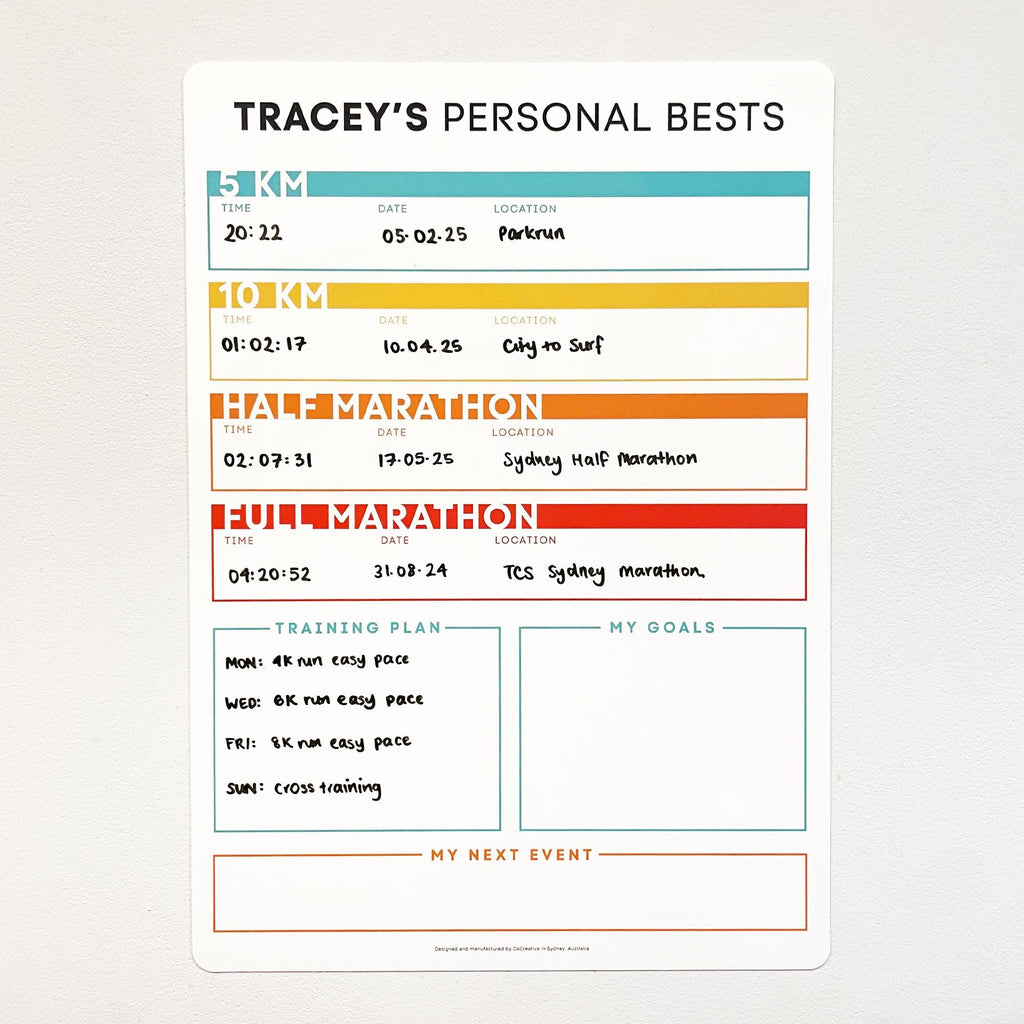 Running Personal Bests and Goal tracker - perfect gift for runners and athletes - parkrun gifts - marathon prep and training chart - record your personal best times for 5k, 10k, half marathon and full marathon - set training goals and a training plan
