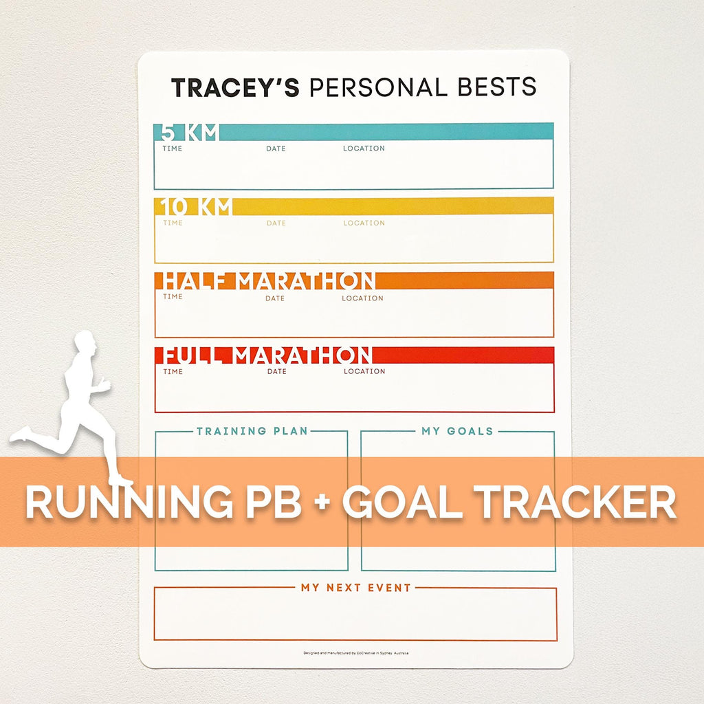 Running Personal Bests and Goal tracker - perfect gift for runners and athletes - parkrun gifts - marathon prep and training chart - record your personal best times for 5k, 10k, half marathon and full marathon
