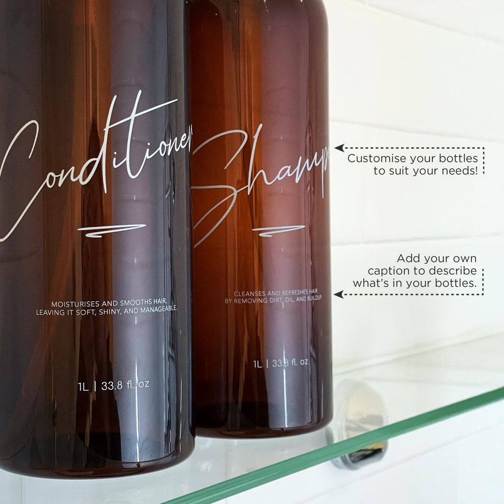 Custom 1 litre bathroom bottles for refills. Custom shampoo, conditioner, and body wash pump bottles. Brown bottle with black pump.