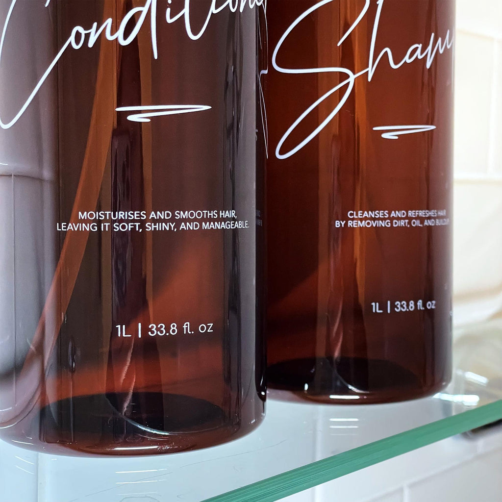 2 Piece 1 LITRE AMBER Bathroom Bottle Set DESIGN 1 - Shampoo & Conditioner - Custom 1L Pump Bottles - Personalised Refillable Pump Bottles